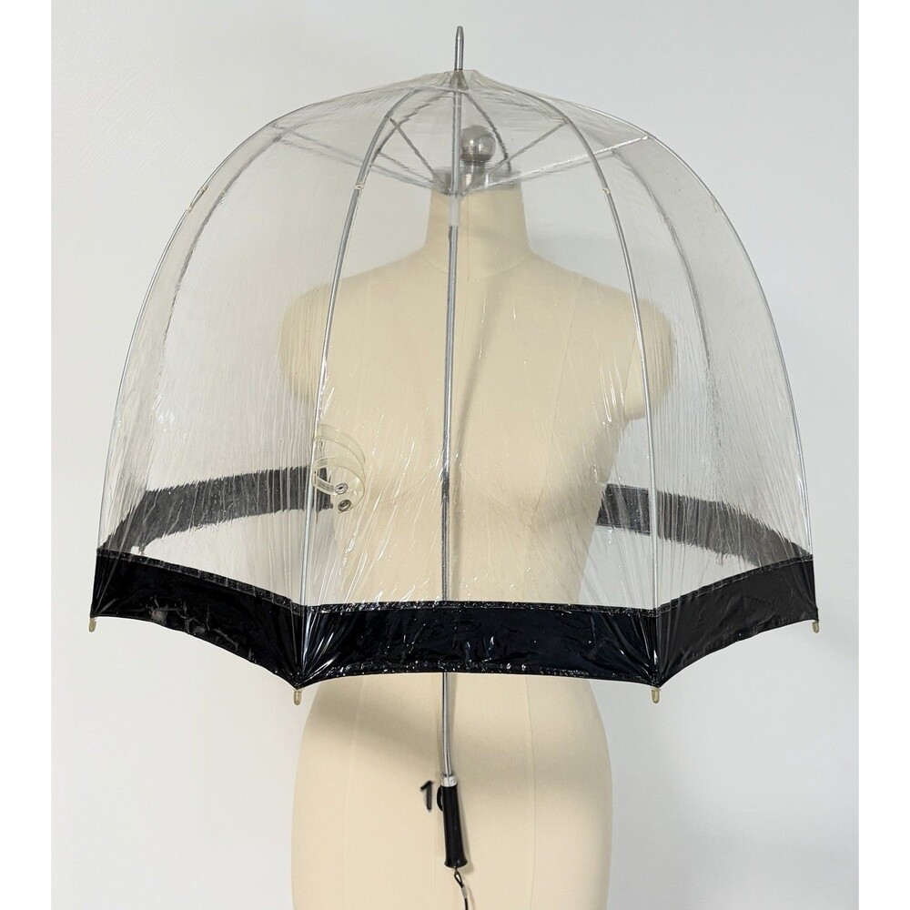 Vintage Clear Bubble Umbrella Black Trim Birdcage Dome Vinyl 1950s 1960s Mod
